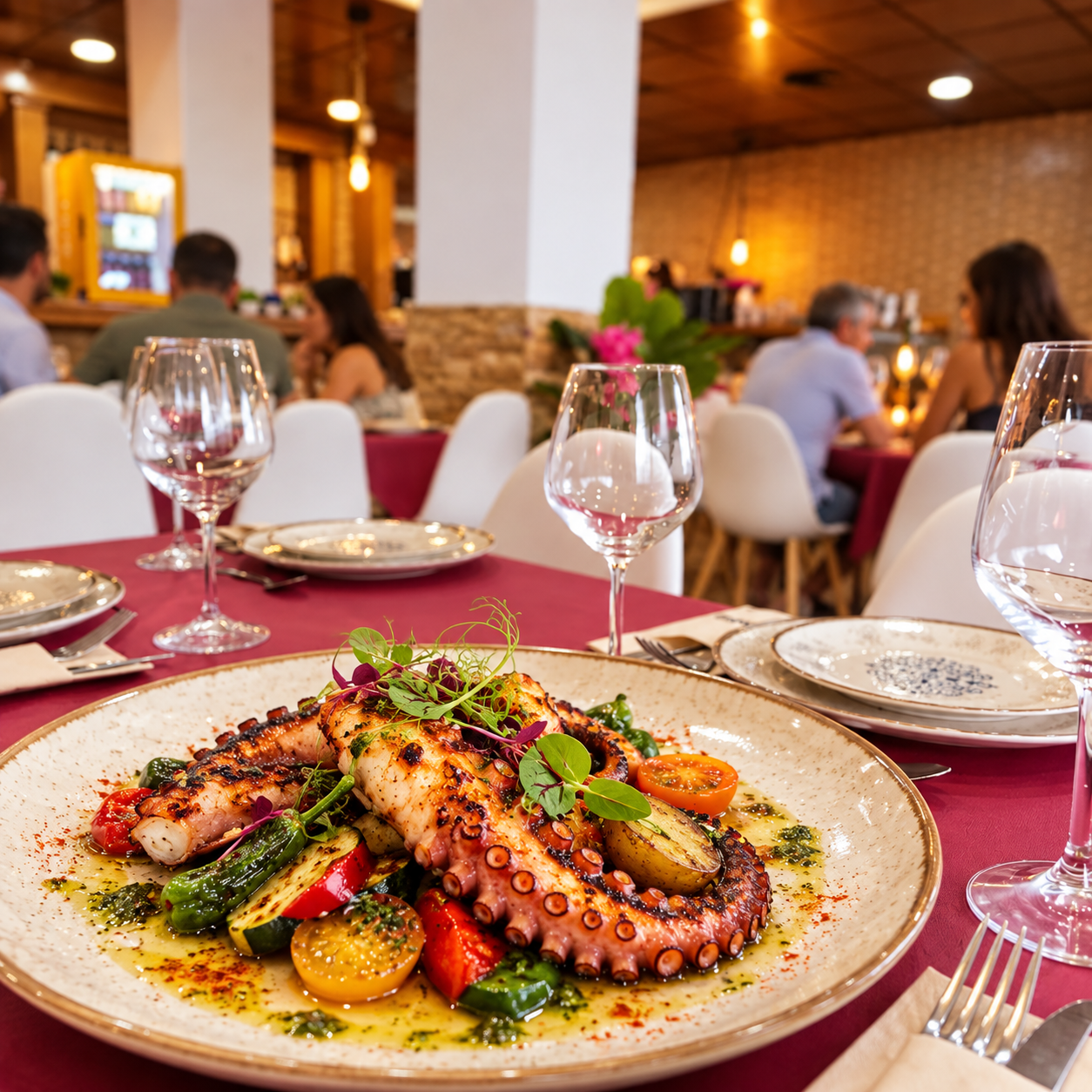 Plato mediterráneo con ambiente en GastroBar21 Plaza Mar Egeo
